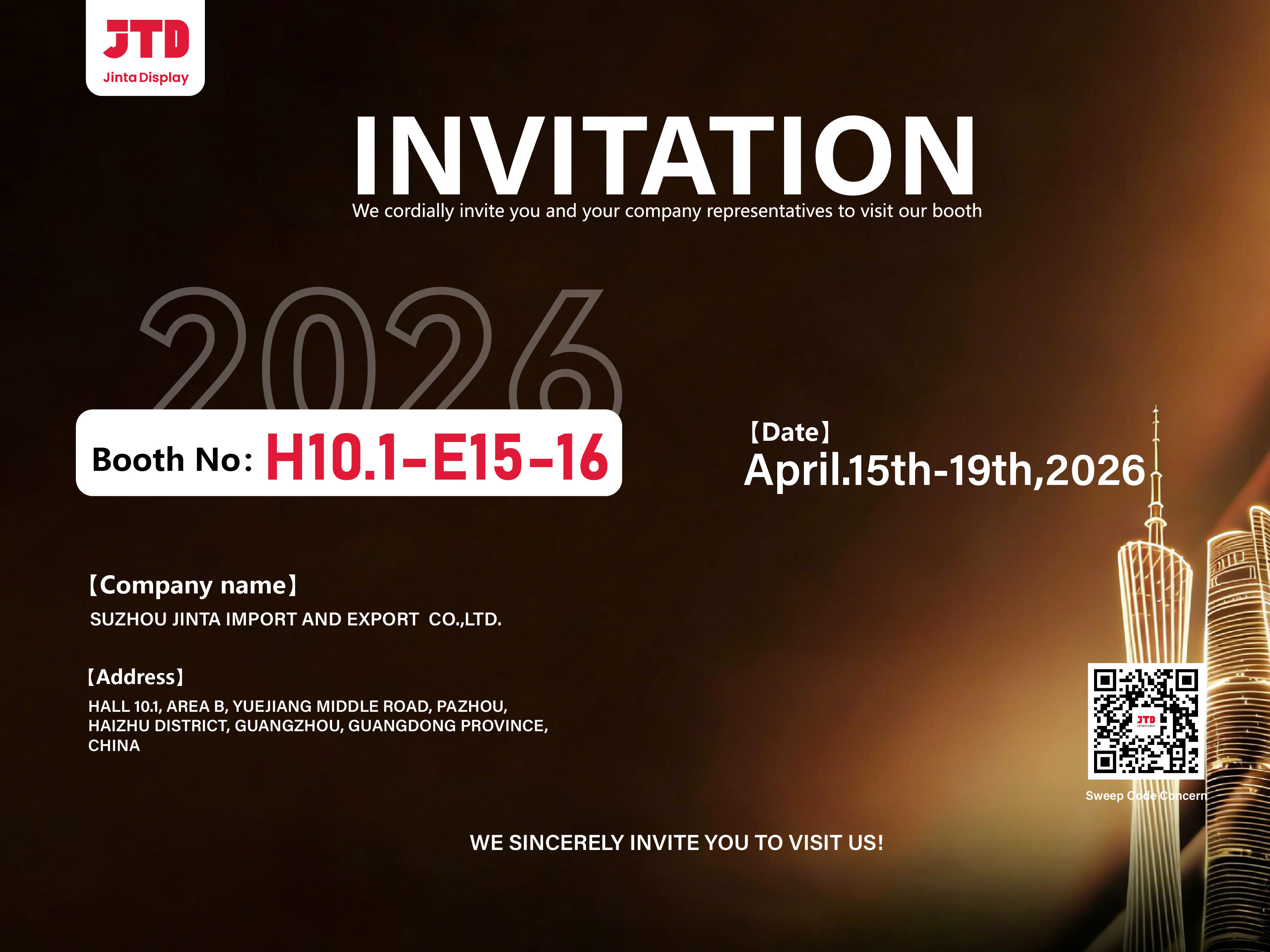 Últimos blogs de la empresa sobre Suzhou Jinta Import & Export Co., Ltd. le invita sinceramente a visitar nuestro stand en la 139ª Feria de Cantón.