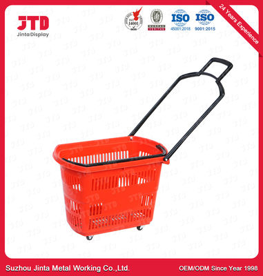 Cesta plástica azul del supermercado de las cestas 60L de la carretilla que hace compras con las ruedas