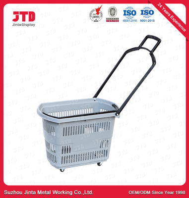 Cesta plástica azul del supermercado de las cestas 60L de la carretilla que hace compras con las ruedas